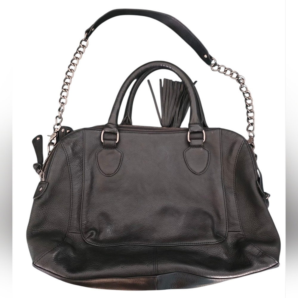 Audrey Brooke Black Leather Tassel Tote with Chain Strap - Picture 2 of 13